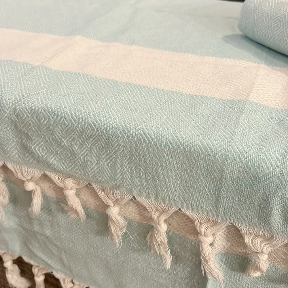 2 New Beach Towel Set Tassels Blue White Stripe